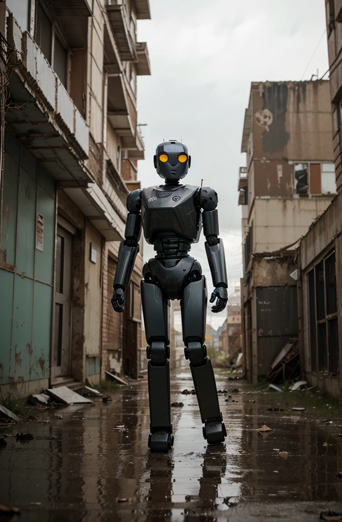 4-legged robot in abandoned city and in rain