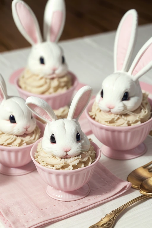 there is a cute menu of pink and white bunnies on a table