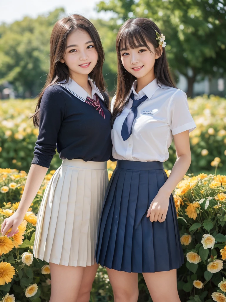 (2girl), (round eyes:1.2), (big smile), (school uniform, pleated skirt:1.3), summer, (Best Quality:1.4), (Ultra-detailed), (extremely detailed CG unified 8k wallpaper), Highly detailed, High-definition raw color photos, Professional Photography, Realistic portrait, (Surrounded by lots of cute fresh flowers:1.3), focus on the girl, depth of fields, (fine face:1.2),
