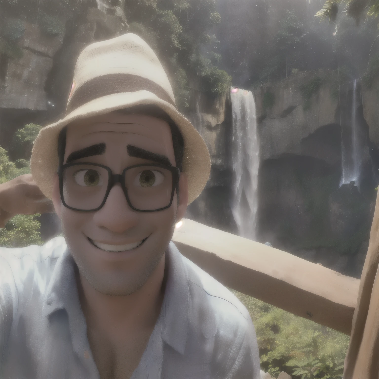 arafed man wearing a hat and glasses standing in front of a waterfall, coban, david rios ferreira, in a cave with the waterfall, waterfalls in the background, next to a waterfall, standing in front of a waterfall, waterfall in the background, icaro carvalho, with a waterfalls, standing near a waterfall, gui guimaraes, with waterfalls