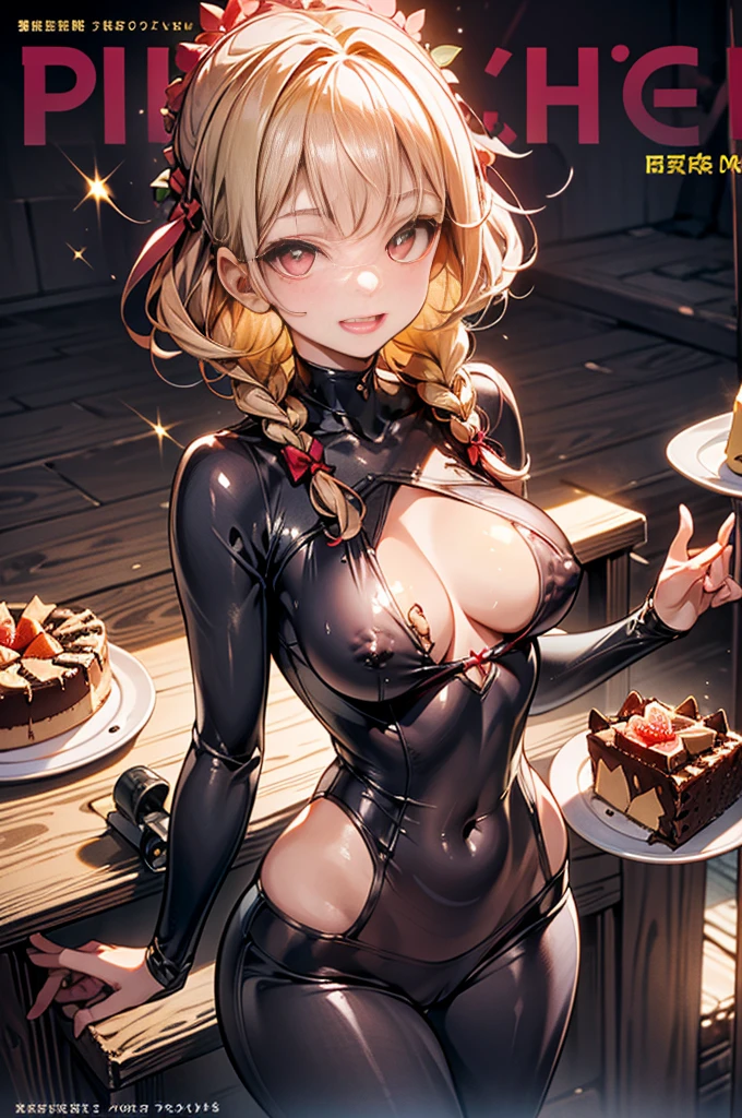 (small breasts:1.2), (perky chest:1.2), (pointed chest:1.2), (Pudding cake magazine cover:1.3),(from above:1.0),(fromside:0.9),masterpiece, 1girl, Amazing Cleavage:1.1, thin waist, optimum,tmasterpiece,hight resolution,best qualtiy,hyper HD,super detailing,awardwinning,16 K,solo,(The upper part of the body),anatomy correct,Beautiful cyberpunk girl,Cowboy Shot,cute face,a blond,Longhaire,Twin-tailed,Braids, Hairline,(scarlet eyes),long eyelasher,Hanging eye corners,White skin of the,shoot from the side, ((see through camisole:0.1)), ((Sheer nipples:1.0)),Rocket Tits,(Slim body),smile,seductive weak smiling,(with sparkling eyes and a contagious smile),open mouth, Looking at Viewer,