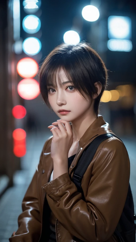 (masterpiece:1.2), super detailed, ultra high resolution, (realistic, photo realistic:1.37), High-definition RAW color photo, professional photos, highly detailed face, very fine eyes, very fine skin, very fine fingers, highly detailed nose, highly detailed mouth, perfect anatomy, highly detailed background, (famous japanese actress:1.2), (Improve:1.35), (flat chest), (Brown people, black skin, blonde hair:1.3), (Very short cut hair, curl the inside of the hair), Edgy girl, dark orange jacket, techwear, camera, backpack, white sneaker, dramatic makeup, piecing, sitting outside of a convenience store, looking at the street, outdoor, ((nighttime, dark city)), neon signs, individuality, authenticity, creative expression, hongkong 80s,Realism