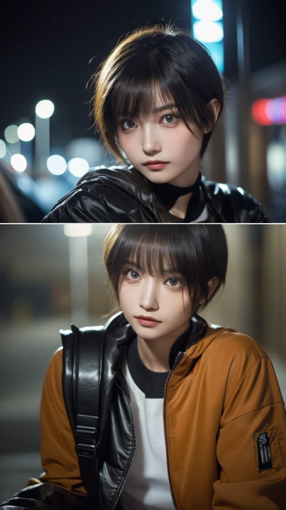 (masterpiece:1.2), super detailed, ultra high resolution, (realistic, photo realistic:1.37), High-definition RAW color photo, professional photos, highly detailed face, very fine eyes, very fine skin, very fine fingers, highly detailed nose, highly detailed mouth, perfect anatomy, highly detailed background, (famous japanese actress:1.2), (Improve:1.35), (flat chest), (Brown people, black skin, blonde hair:1.3), (Very short cut hair, curl the inside of the hair), Edgy girl, dark orange jacket, techwear, camera, backpack, white sneaker, dramatic makeup, piecing, sitting outside of a convenience store, looking at the street, outdoor, ((nighttime, dark city)), neon signs, individuality, authenticity, creative expression, hongkong 80s,Realism