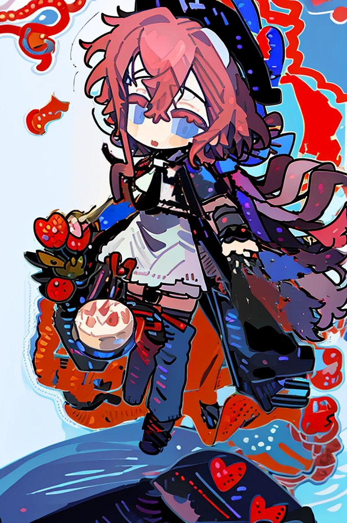 A girl，（Standing picture），（whole body），Character Design，Long hair，Fashion Design，Complex headdress，Complex clothes，cute，scarf，Everyday wear，Red hair，Skeleton，bandage，Bandage，Small black dress，Complex hat，Strawberry Headdress，Bow，Blue decoration