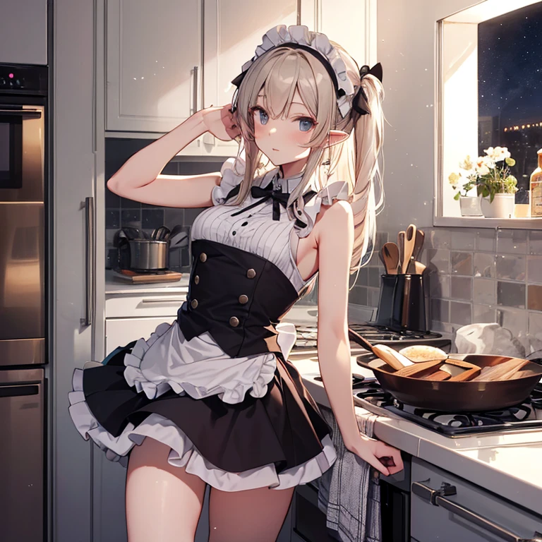 A maid, (in kitchen), various hair styles, night, details face, short skirt, seducing, sleeveless, maid uniform, armpits, elf