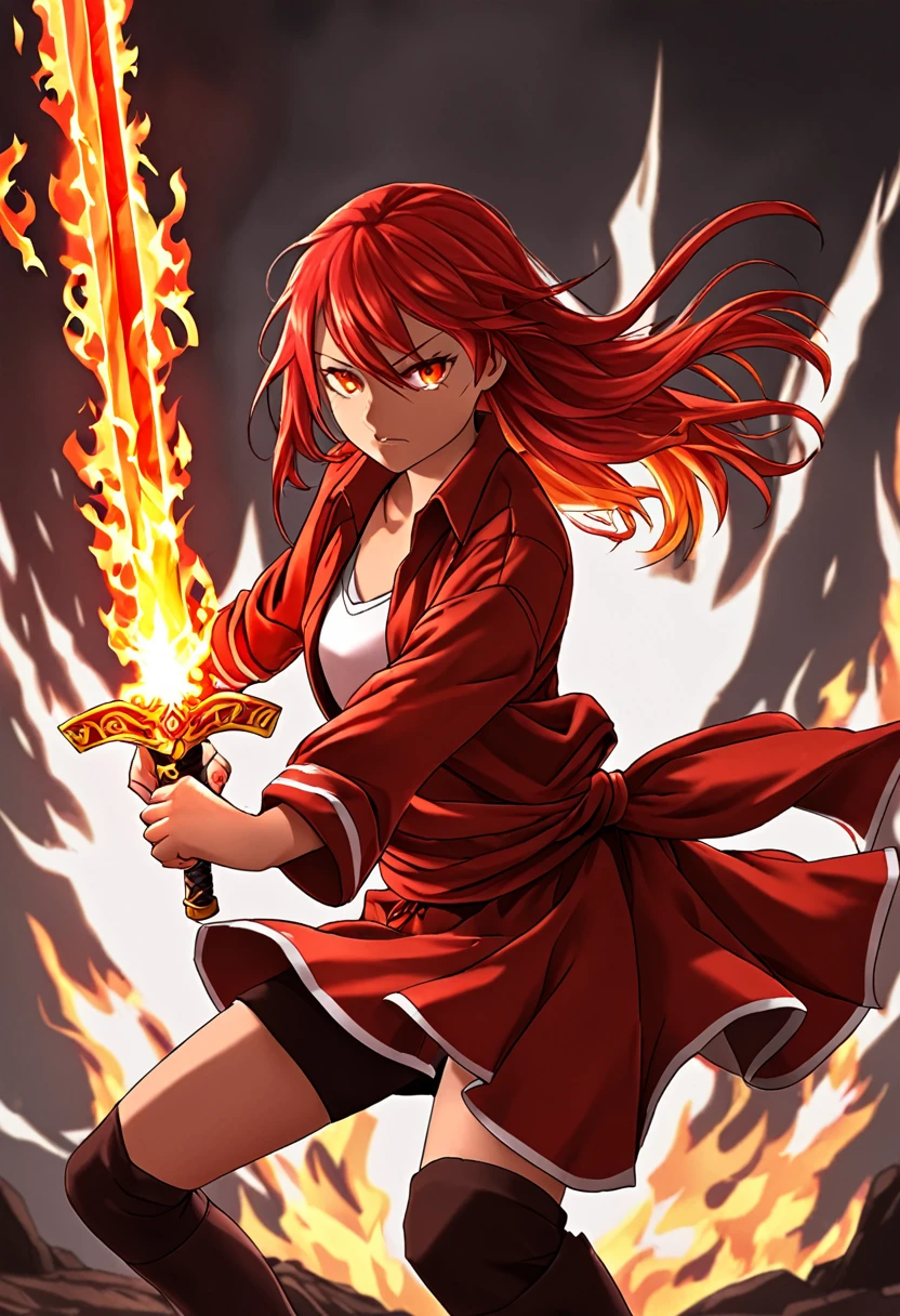 age woman, Red hair, long and tied , Red clothing, power of fire, flaming sword