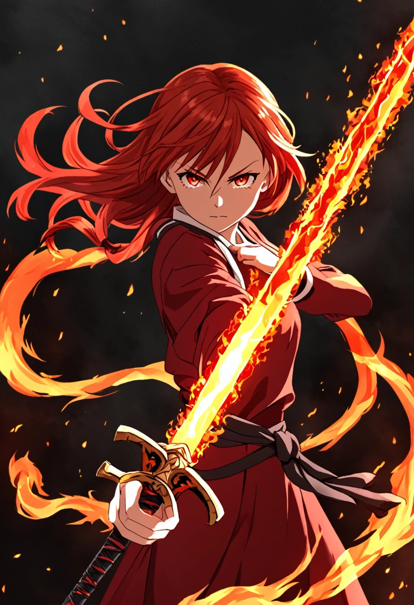 age woman, Red hair, long and tied , Red clothing, power of fire, flaming sword