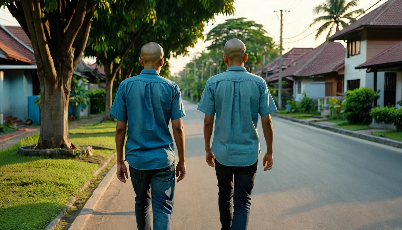 Create an image of Adul, an Indonesian man with a shaved head, slightly brownish skin color, 30 years old, wearing a simple blue shirt, blue jeans, black shoes. He is walking along a quiet residential street, heading home. The street is lined with trees and cozy houses, with a soft evening light casting long shadows. Adul is walking calmly, hands in his pockets, and a thoughtful expression on his face. The scene shows a sense of returning home and the calmness of the neighborhood, with a few houses visible, each with warm lights shining through the windows. back view, full shoot, 8k