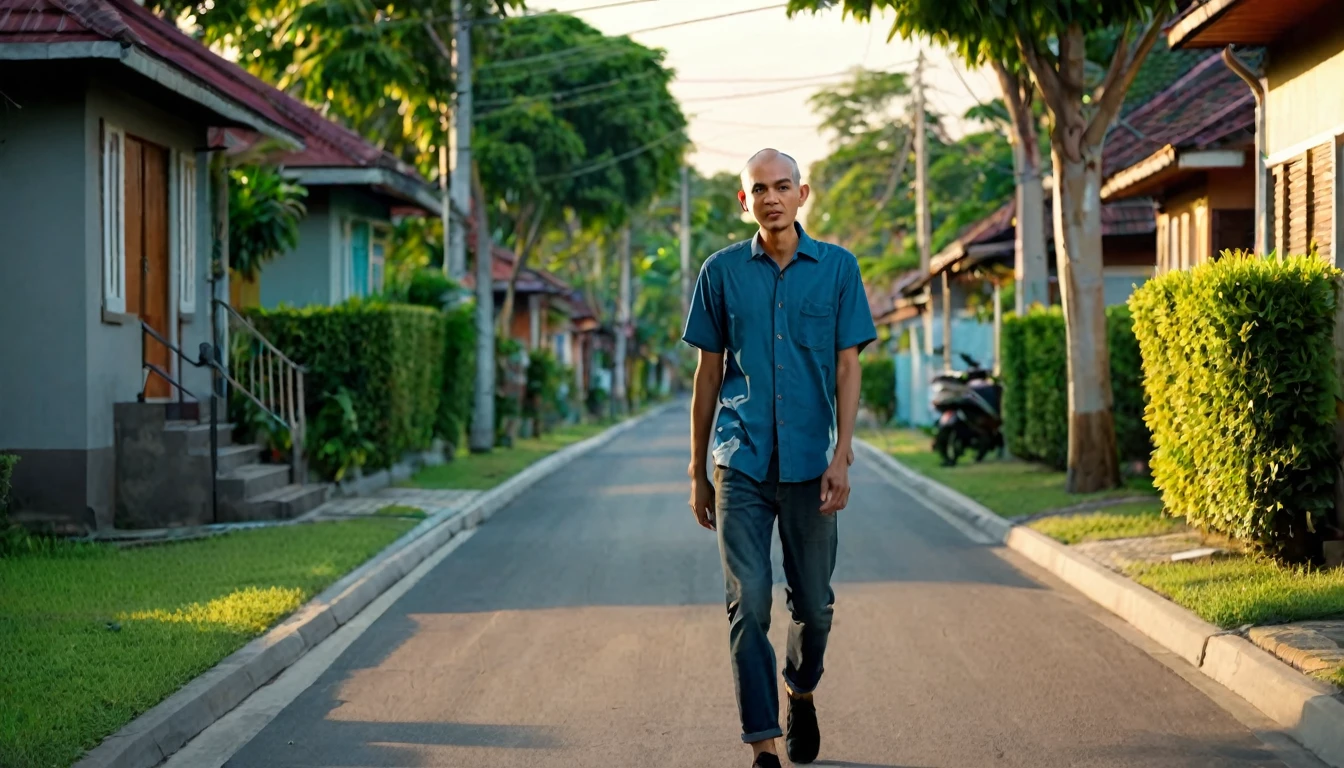 Create an image of Adul, an Indonesian man with a shaved head, slightly brownish skin color, 30 years old, wearing a simple blue shirt, blue jeans, black shoes. He is walking along a quiet residential street, heading home. The street is lined with trees and cozy houses, with a soft evening light casting long shadows. Adul is walking calmly, hands in his pockets, and a thoughtful expression on his face. The scene shows a sense of returning home and the calmness of the neighborhood, with a few houses visible, each with warm lights shining through the windows. back view, full shoot, 8k