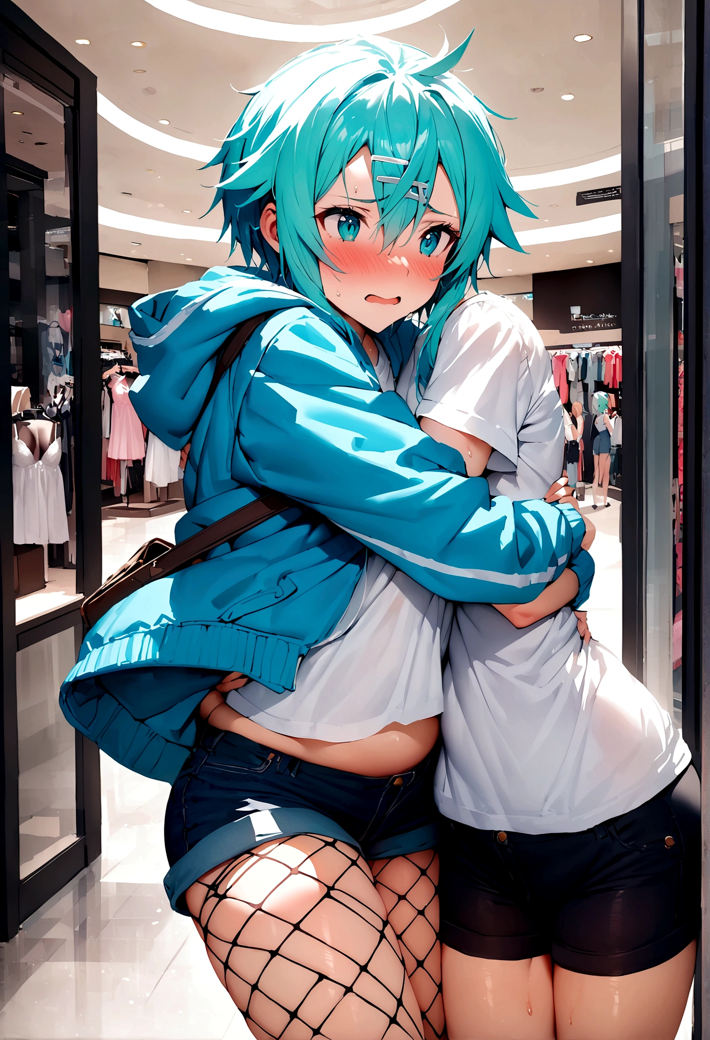 NSFW,masterpiece,Highest quality,High resolution,Super detailed,Sinon\(Sword Art Online\),Jacket,White T-shirt,cropped,Shorts,Fishnet tights,Shoulder bag,Embarrassed,expectant face,blush,Shopping mall,Lingerie Shop,Underwear section,Date,(boy),(Molestation),A man puts his hands on her waist and hugs her,Massage the breasts