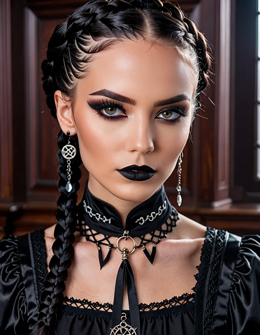 cinematic photo professional close-up portrait photography of the face of a beautiful ((oh woman)), braided black hair, gothic makeup and clothes,  at the lawyer&#39;s at midnight, Nikon Z9   . 35mm photography, movie, hips, professional, 4K, very detailed