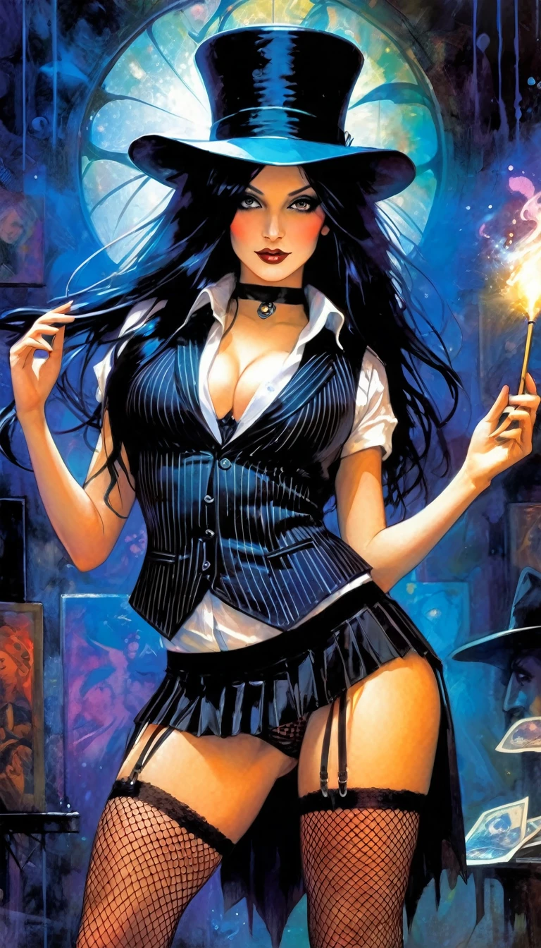 a magician girl with long black hair, wearing a magician hat, elegant and sexy outfit with a vest, miniskirt and fishnet stockings, performing magic, dark and fantastic background, inspired by the art of Bill Sienkiewicz, high quality, ultra-detailed, photorealistic, vivid colors, professional