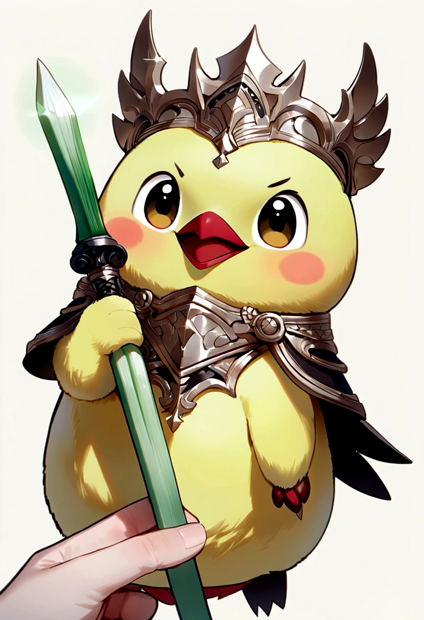 Cute little bird，Yellow body，Red Mouth，Simple Background，Cute expression、Real、Shining green onion、Holding a leek sword in his hand、Fantasy、