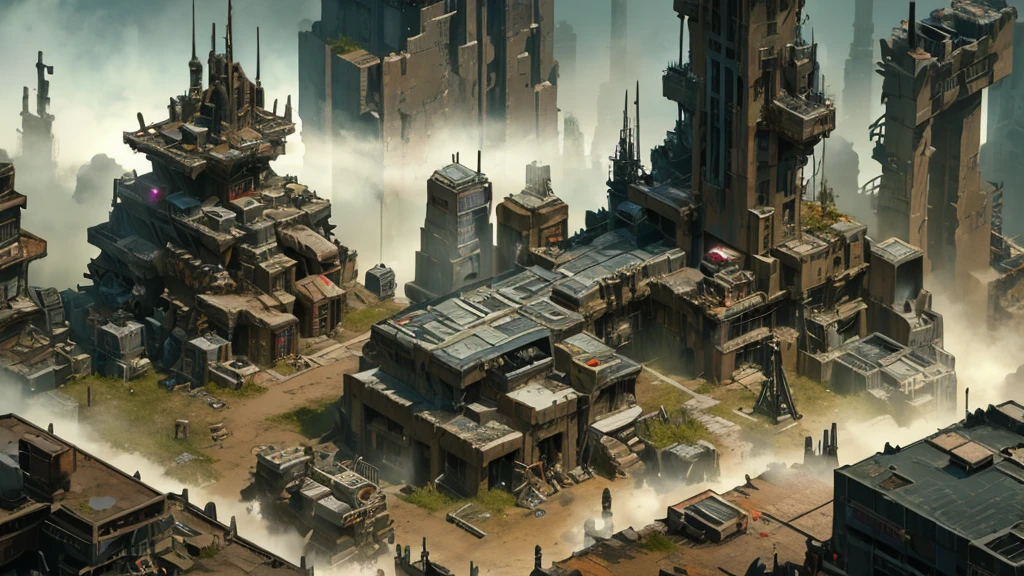 a detailed isometric RPG scene, abandoned futuristic city, isometric view, tabletop RPG battle scene, sci-fi, post-apocalyptic, highly detailed, (best quality,4k,8k,highres,masterpiece:1.2),ultra-detailed,(realistic,photorealistic,photo-realistic:1.37),intricate architecture, crumbling buildings, neon lights, cyberpunk, moody lighting, dramatic shadows, cinematic composition, dramatic camera angle, advanced technology, intricate details, gritty, dystopian, volumetric fog, lens flare, cinematic lighting