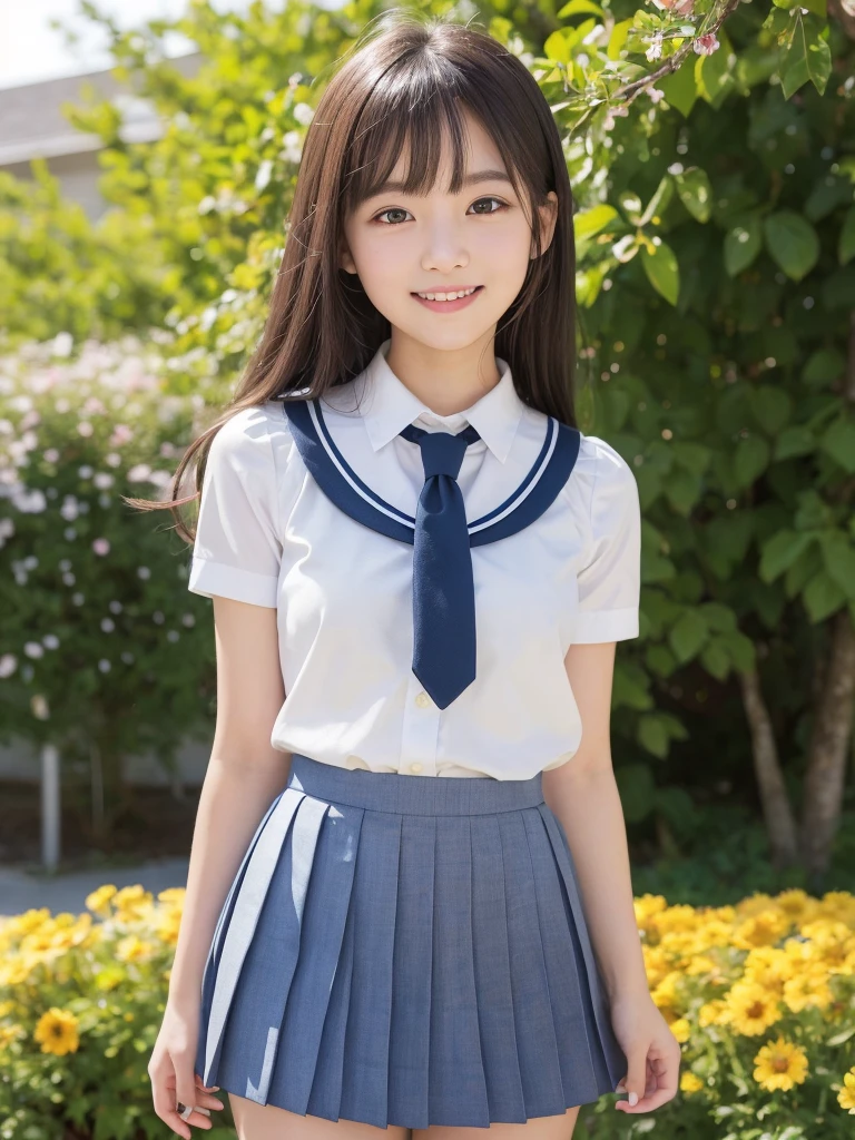 (2girl), kawaii, (round eyes:1.2), (highly detailed face and eyes), (big smile), (school uniform, pleated mini skirt:1.3), summer, (Best Quality:1.4), (Ultra-detailed), (extremely detailed CG unified 8k wallpaper), Highly detailed, High-definition raw color photos, Professional Photography, Realistic portrait, (Surrounded by lots of cute fresh flowers:1.3), focus on the girl, depth of fields, (fine face:1.2), 