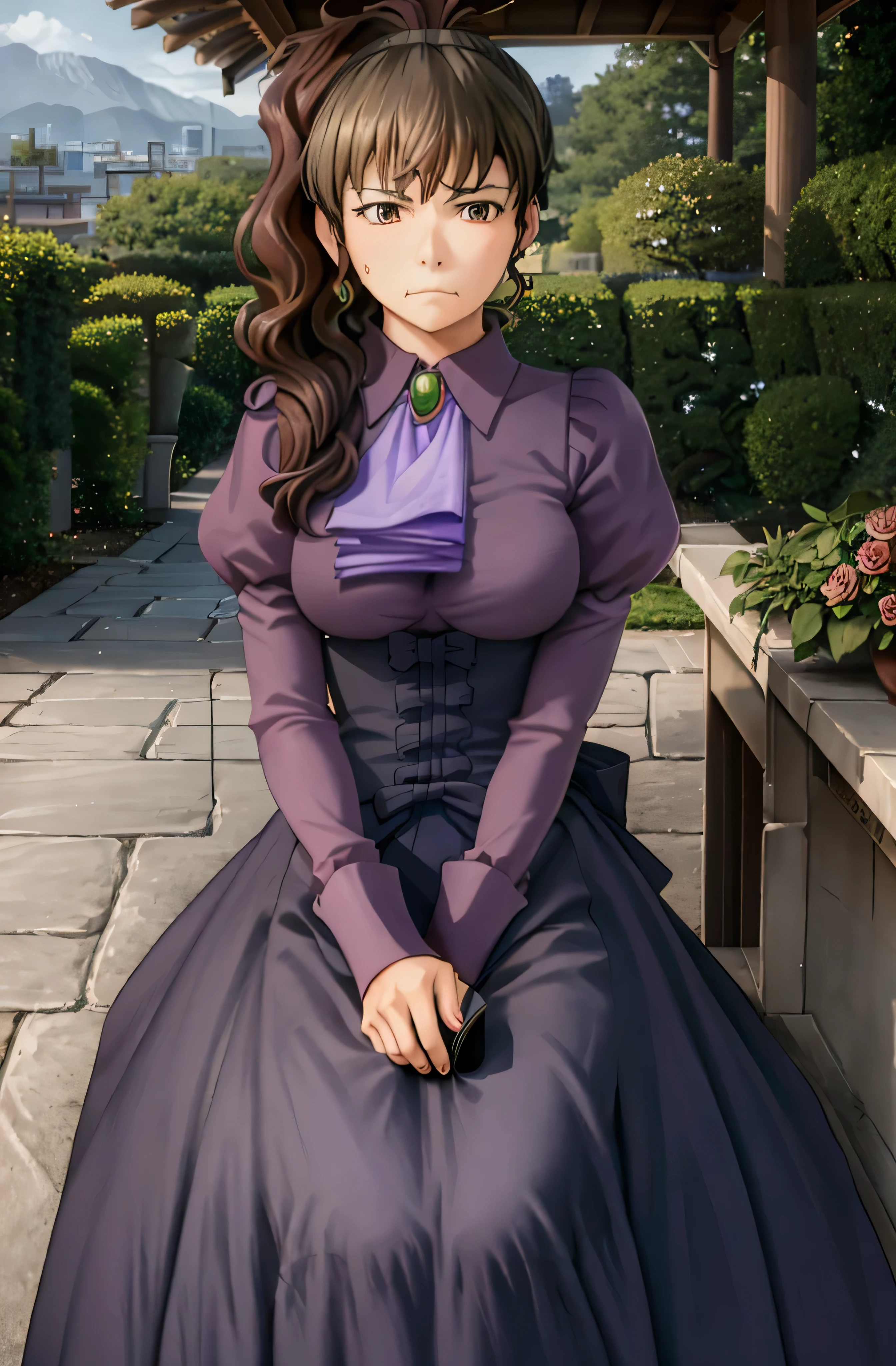 ushiromiya natsuhi, 1girl, violet dress, long dress, side ponytail, earrings, purple shirt, ascot, brooch, corset, seen from afar, serious face, sitting on a bench inside a gazebo, looking at viewer, garden full of roses around, holding a cup of tea, masterpiece, best quality, realistic, hdr