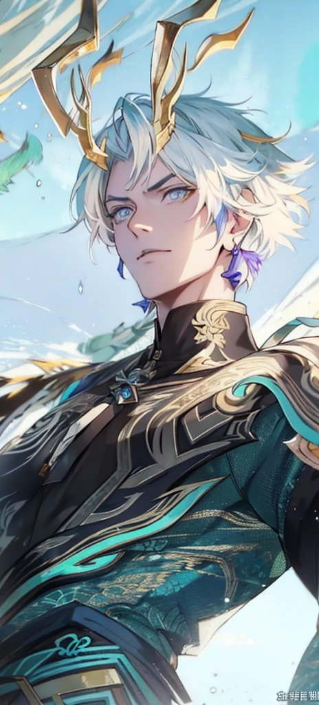 a man with horns and a blue-green dress, is standing in front of the sky, keqing do impacto genshin, zhongli do impacto genshin, torn apart, heise jinyao, inspired by Yang Jin, by Yang J, inspired by Huang Shen, g liulian art style, Extremely detailed Artgerm, blessed waters in wlop style