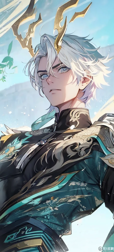 a man with horns and a blue-green dress, is standing in front of the sky, keqing do impacto genshin, zhongli do impacto genshin, torn apart, heise jinyao, inspired by Yang Jin, by Yang J, inspired by Huang Shen, g liulian art style, Extremely detailed Artgerm, blessed waters in wlop style