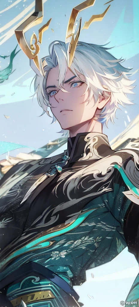 a man with horns and a blue-green dress, is standing in front of the sky, keqing do impacto genshin, zhongli do impacto genshin, torn apart, heise jinyao, inspired by Yang Jin, by Yang J, inspired by Huang Shen, g liulian art style, Extremely detailed Artgerm, blessed waters in wlop style