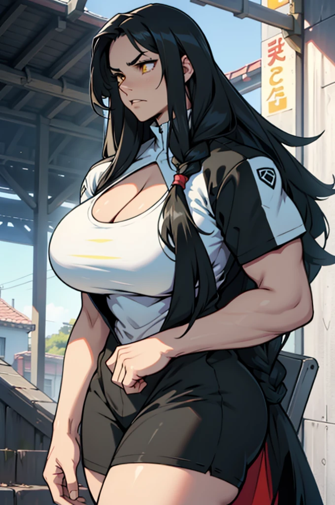 huge breasts huge breasts huge breasts muscular muscular muscular thick thick thick black hair yellow eyes pale skin female sad frown cleavage long straight hair long straight hair long straight hair long straight hair