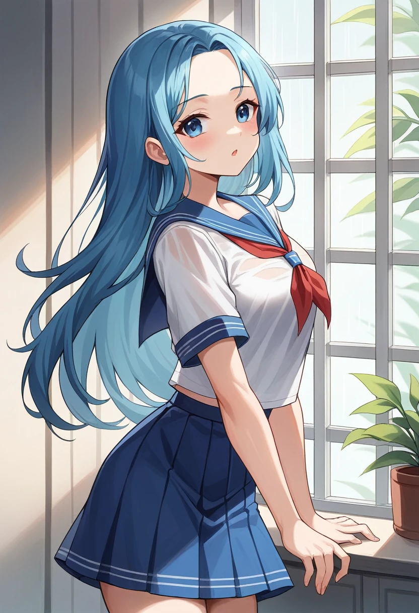 (masterpiece, top quality, very aesthetic, 4k、super detailed), (Photorealistic: 1.37),intricate detail, 1girl,stand、cowboy shot:1.3、
kind eyes、tareme:1.4,Cute Face、blue hair:1.5、middle hair,sidelock :1.4,,blue eyes:1.2、clear face、solo、sailor uniform、medium ,Slim Body、JK