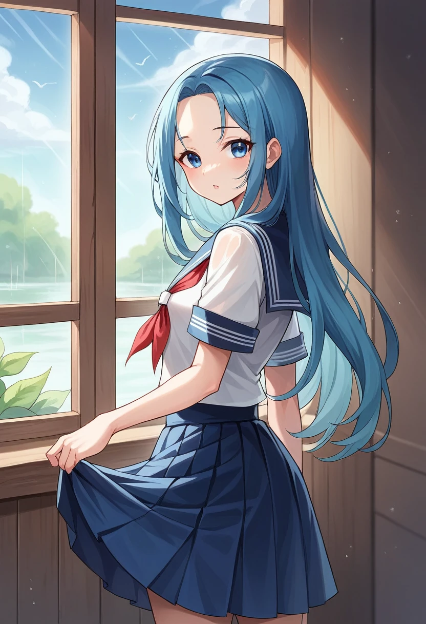 (back beautiful hip style) (solo:2 ,15 yo forehead blue hair long hair lovely girl, cute blue eyes, looking at out the window), (in a summer sailor suit, skirt, red ribbon), break, in the bedroom, background out side of rain:1.2, BREAK, perfect anatomy, masterpiece, best quality, 16k, beautiful detailed rainy, daydreaming expression.