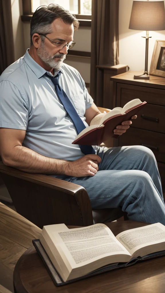 A church pastor reading a golden Bible in front of a window with colored church glass, the pastor wears white Tommy Hilfiger underwear, he has short black hair and a short beard, the shepherd has hairy legs and a thin abdomen, wearing a shepherd's cassock.