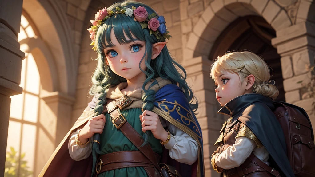 A gnome girl with blue eyes and pointy ears, a wreath of flowers and adorned with intricate jewels, curly hair and a cape with a crossed brooch, little green frog with a backpack is sitting on his shoulder, riding a dog, floresta em RPG medieval dungeon e dragon.