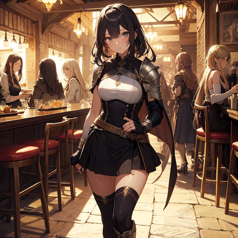 A group of  female medieval fantasy adventurers, (in tavern), various hair styles, harem, night, details face, short skirt, seducing, sleeveless, armor 