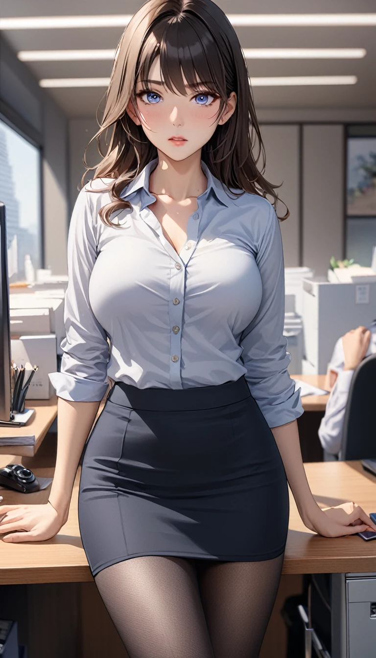 (((masterpiece))),(((High resolution)))、(((8K)))、(((perfect face)))、(((beauty of japan)))、30 years old、(((beautiful face))), (((office))), (((shirt))), ((pencil skirt)), ((tights)), embarrassed look, look at the camera, top quality eyes, detailed texture, look at the camera, all body, big , Married woman, cool women, (((high resolution eyes)))