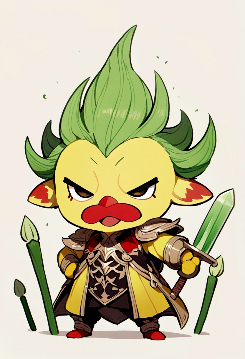 Cute little bird，Yellow body，Red Mouth，Simple Background，Cute expression、Real、Shining green onion、Holding a leek sword in his hand、Fantasy、