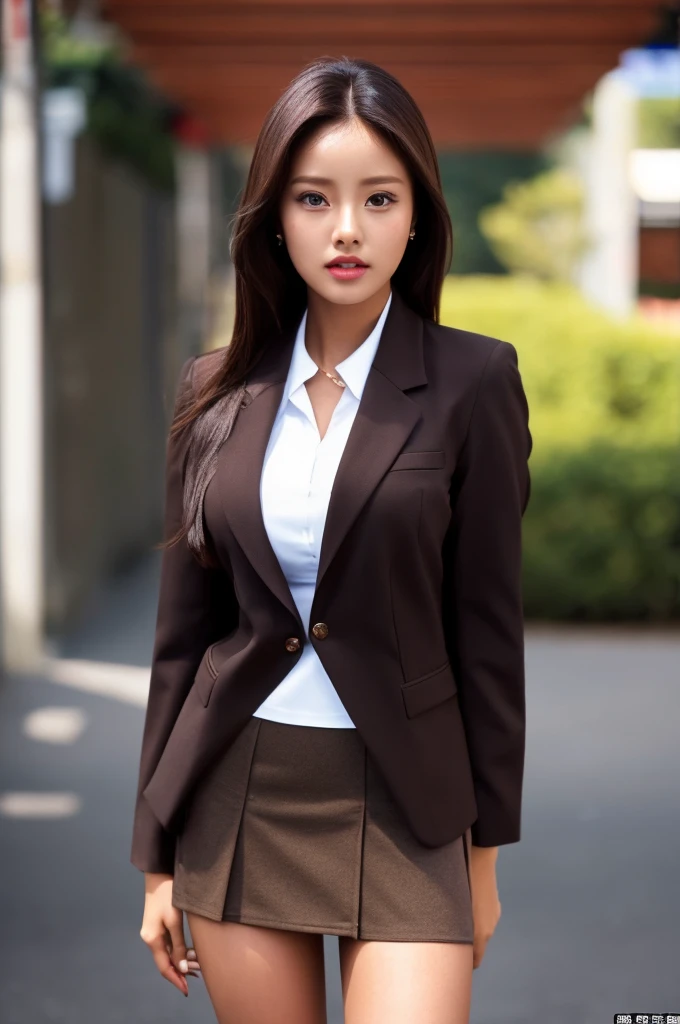 a 20 year old girl with her dark brown skin, she is the most beautiful actress in the world, the perfect body proportions of this girl, all she exposes her dark brown skin is only the lower than her crotch and her face, blazer is formally closed and buttoned up on her waist between shirt and short skirt, the panties between her bare legs under the short skirt are hidden just 99%, blazer is shorter 15cm than the bottom of short skirt, her bare thighs, her bare knees, below her shins are out of this picture frame, her head is right below the top of this picture frame, all her body is looking forward to viewer, asian beauty with dark brown skin, at city street, she is standing, nsfw, best quality, highly detailed, masterpiece, ultra high res, photo realistic, 8k, RAW photo