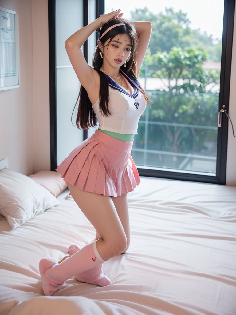 (Extreme Detail CG Unity 8K wallpaper, masterpiece, highest quality), (Exquisite light and shadow, highly dramatic picture, Cinematic lens effect), a 20 year old girl sitting, beautiful, slim figure, long hair, wearing sexy suspender shirt, open belly button, sexy short skirt, pink and white, legs forked, hands behind legs, sexy pose