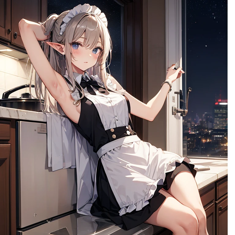 A maid, (in kitchen), various hair styles, night, details face, short skirt, seducing, sleeveless, maid uniform, armpits, elf