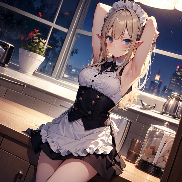 A maid, (in kitchen), various hair styles, night, details face, short skirt, seducing, sleeveless, maid uniform, armpits, elf