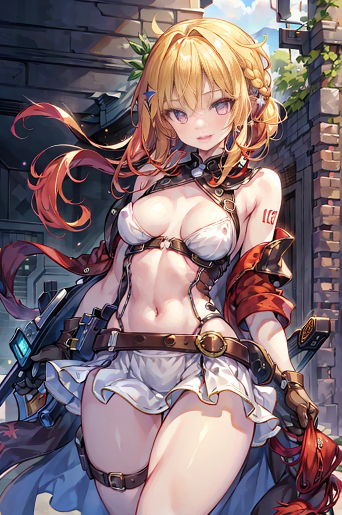 (small breasts:1.2), (perky chest:1.2), (pointed chest:1.2), (Pudding cake magazine cover:1.3),(from above:1.0),(fromside:0.9),masterpiece, 1girl, Amazing Cleavage:1.1, thin waist, optimum,tmasterpiece,hight resolution,best qualtiy,hyper HD,super detailing,awardwinning,16 K,solo,(The upper part of the body),anatomy correct,Beautiful cyberpunk girl,Cowboy Shot,cute face,a blond,Longhaire,Twin-tailed,Braids, Hairline,(scarlet eyes),long eyelasher,Hanging eye corners,White skin of the,shoot from the side, ((see through camisole:0.1)), ((Sheer nipples:1.0)),Rocket Tits,(Slim body),smile,seductive weak smiling,(with sparkling eyes and a contagious smile),open mouth, Looking at Viewer,