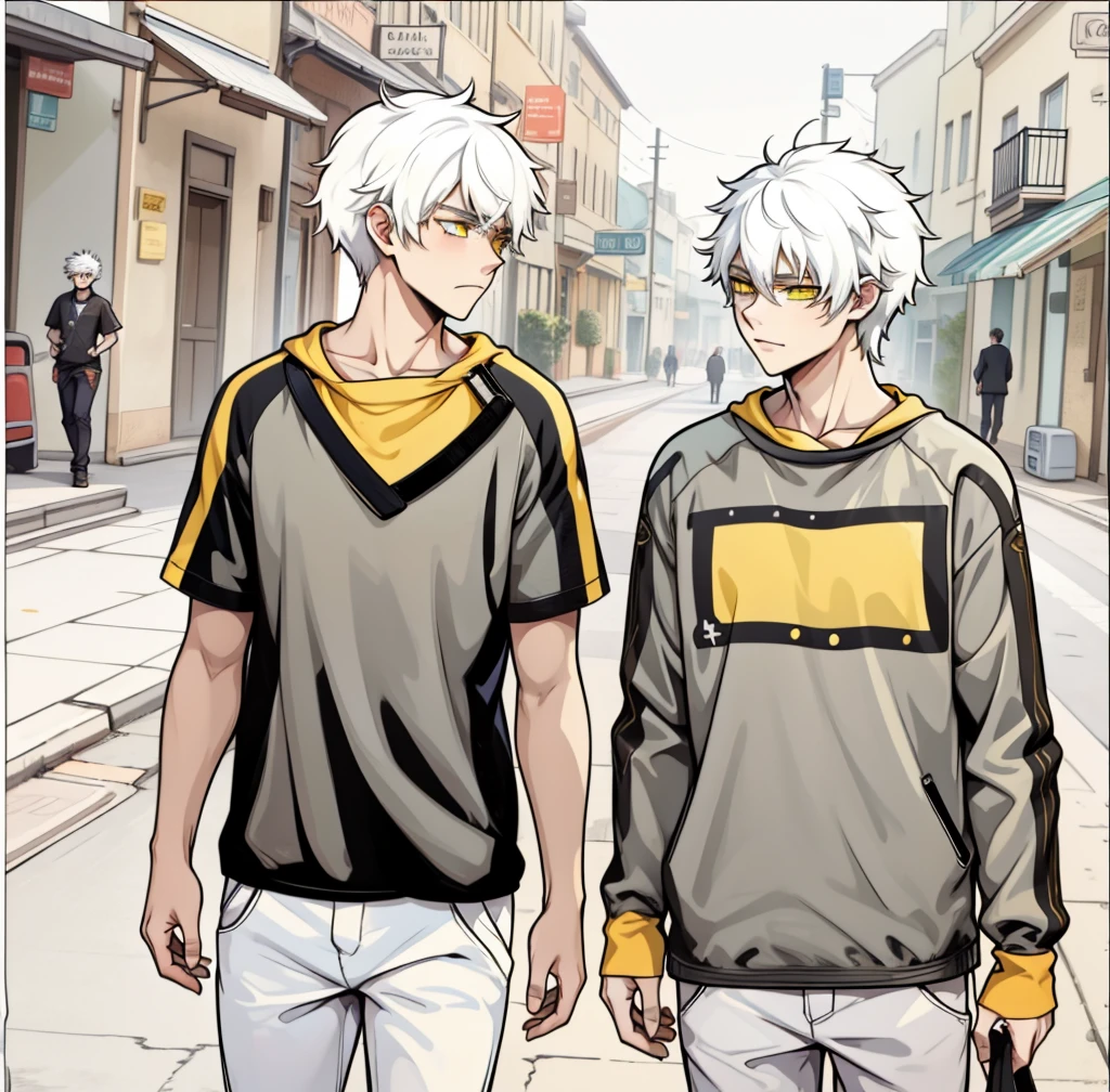 They are talking happily. There are two boys with white hair, 18 years old, they have yellow eyes. They are talking and walking through the streets of a town.