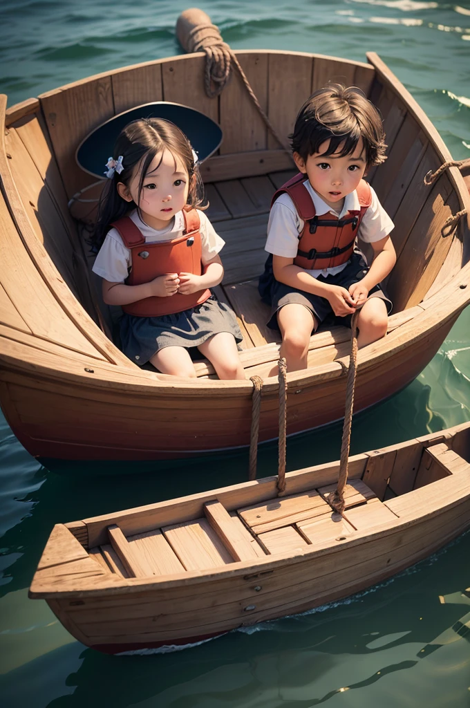 Two young ren sitting in a boat at sea, talking to each other