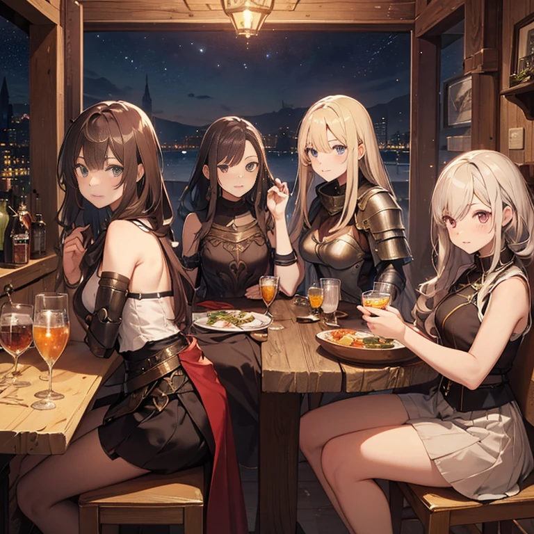 A group of female medieval fantasy adventurers, (in tavern), various hair styles, harem, night, details face, short skirt, seducing, sleeveless, armor