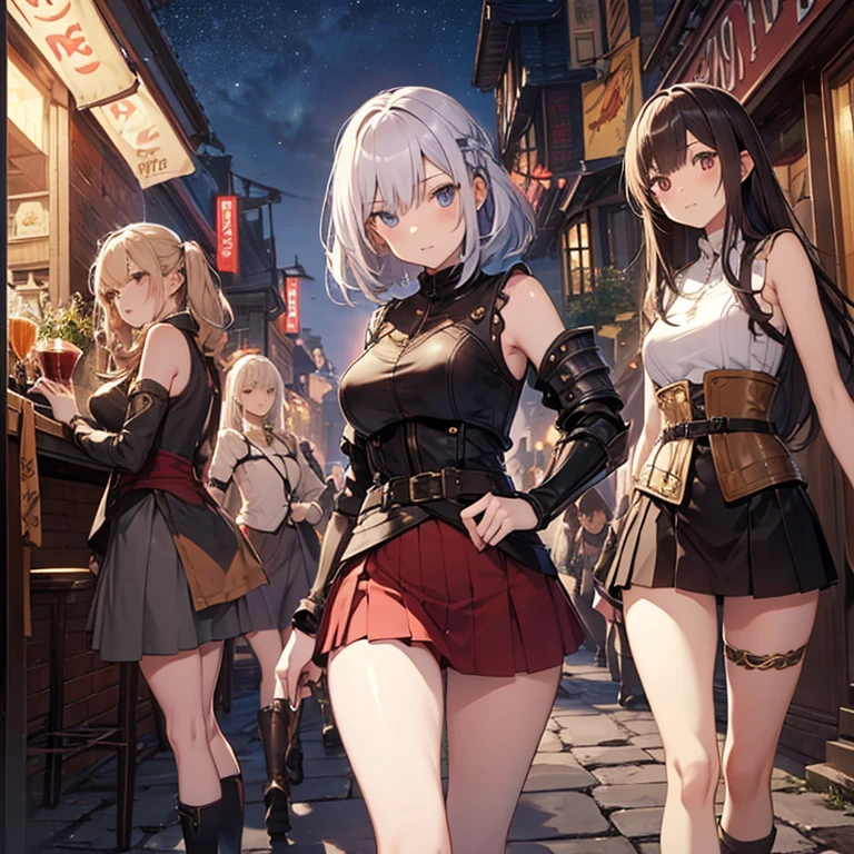 A group of  female medieval fantasy adventurers, (in tavern), various hair styles, harem, night, details face, short skirt, seducing, sleeveless, armor 