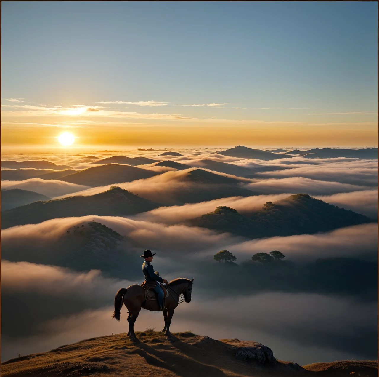 The picture depicts a spectacular natural scene。In the center of the screen，A man on horseback stands on a ridge，Overlooking a magnificent sea of clouds。The sun is rising from the horizon，Sprinkle golden light on the clouds，Forming a bright light band。The sky is a gradient of different shades of orange and blue，Gives a sense of tranquility and magnificence。Man on horse wearing traditional clothing，wearing a wide-brimmed ha particularly eye-catching。His figure is silhouetted against the morning light，Formed a silhouette，Blending with the surrounding environment。The horses look strong and docile，It stands quietly beside its owner，Let’s enjoy this beautiful moment together