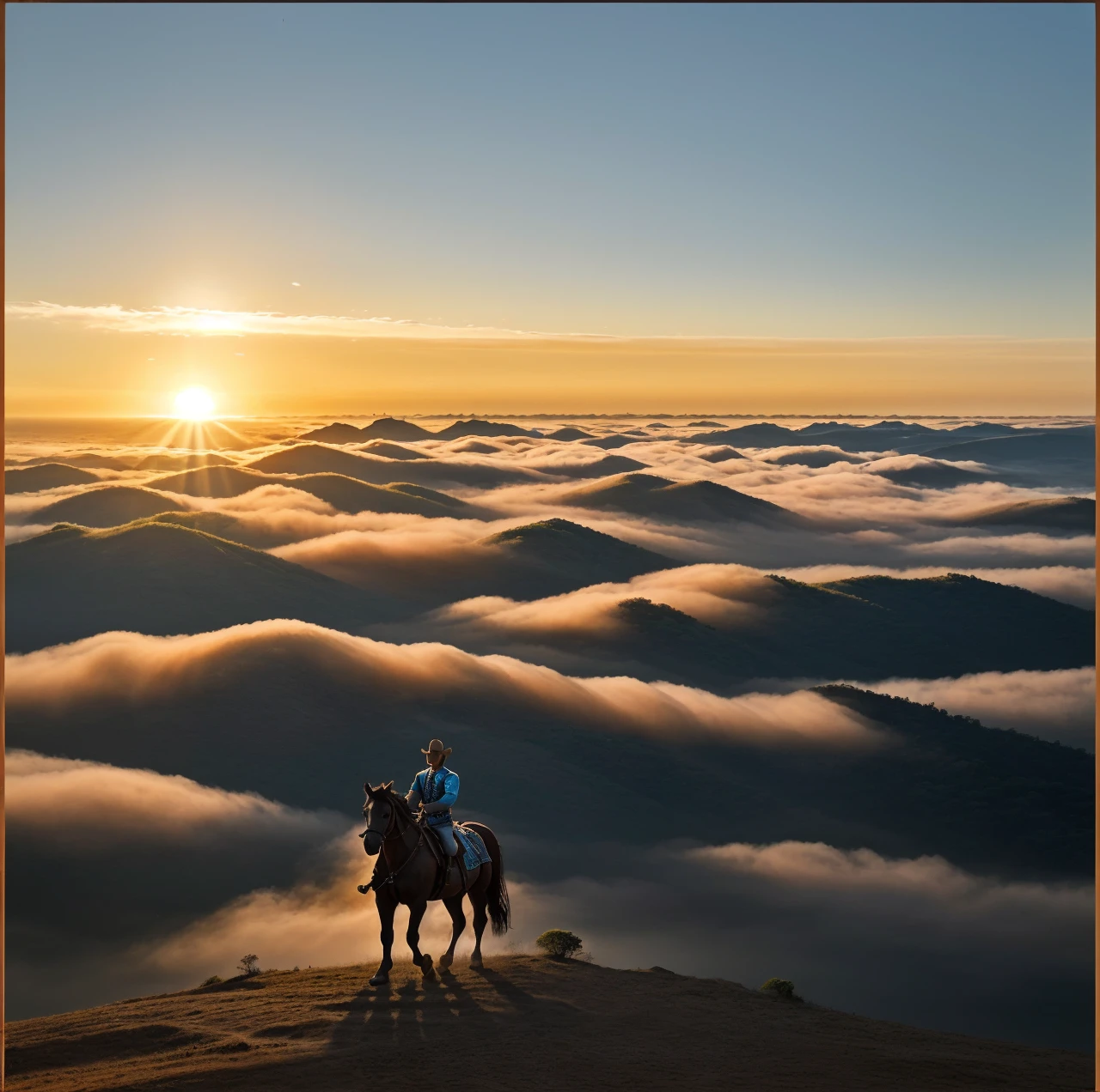 The picture depicts a spectacular natural scene。In the center of the screen,A man on horseback stands on a ridge,Overlooking a magnificent sea of clouds。The sun is rising from the horizon,Sprinkle golden light on the clouds,Forming a bright light band。The sky is a gradient of different shades of orange and blue,Gives a sense of tranquility and magnificence。Man on horse wearing traditional clothing,wearing a wide-brimmed ha particularly eye-catching。His figure is silhouetted against the morning light,Formed a silhouette,Blending with the surrounding environment。The horses look strong and docile,It stands quietly beside its owner,Let’s enjoy this beautiful moment together