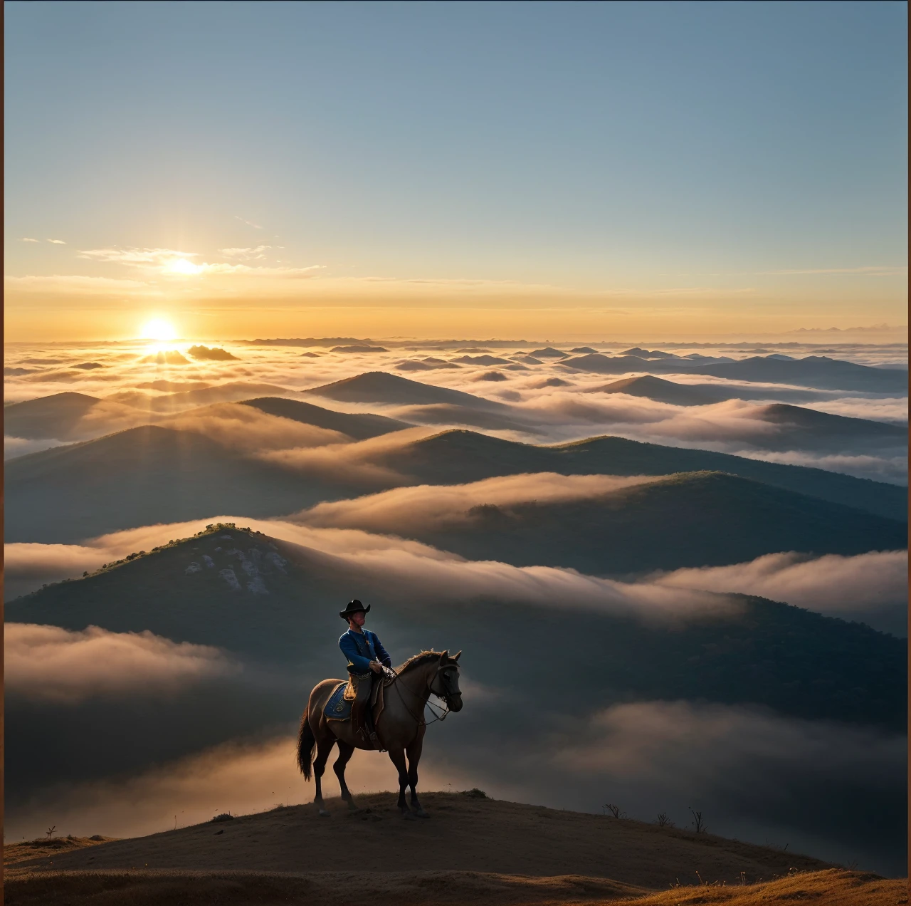 The picture depicts a spectacular natural scene。In the center of the screen，A man on horseback stands on a ridge，Overlooking a magnificent sea of clouds。The sun is rising from the horizon，Sprinkle golden light on the clouds，Forming a bright light band。The sky is a gradient of different shades of orange and blue，Gives a sense of tranquility and magnificence。Man on horse wearing traditional clothing，wearing a wide-brimmed ha particularly eye-catching。His figure is silhouetted against the morning light，Formed a silhouette，Blending with the surrounding environment。The horses look strong and docile，It stands quietly beside its owner，Let’s enjoy this beautiful moment together