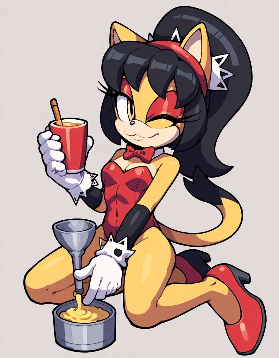 score_9, score_8_up, score_7_up, score_6_up, masterpiece, best quality, honey the cat, 1girl, solo, looking at viewer, smile, simple background, gloves, bow, holding, bare shoulders, closed mouth, tail, full body, one eye closed, white gloves, bowtie, red bow, high heels, leotard, cup, bare legs, cat girl, kneeling, strapless, red makeup, highleg, playboy bunny, happy, red footwear, cat tail, white bowtie, furry, highleg leotard, eyeshadow, strapless leotard, cat ears, animal nose, orange eyes, animal ears, furry female, sonic the hedgehog \(series\), black hair