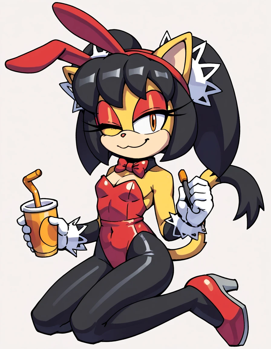 score_9, score_8_up, score_7_up, score_6_up, masterpiece, best quality, honey the cat, 1girl, solo, looking at viewer, smile, simple background, gloves, bow, holding, bare shoulders, closed mouth, tail, full body, one eye closed, white gloves, bowtie, red bow, high heels, leotard, cup, bare legs, cat girl, kneeling, strapless, red makeup, highleg, playboy bunny, happy, red footwear, cat tail, white bowtie, furry, highleg leotard, eyeshadow, strapless leotard, cat ears, animal nose, orange eyes, animal ears, furry female, sonic the hedgehog \(series\), black hair