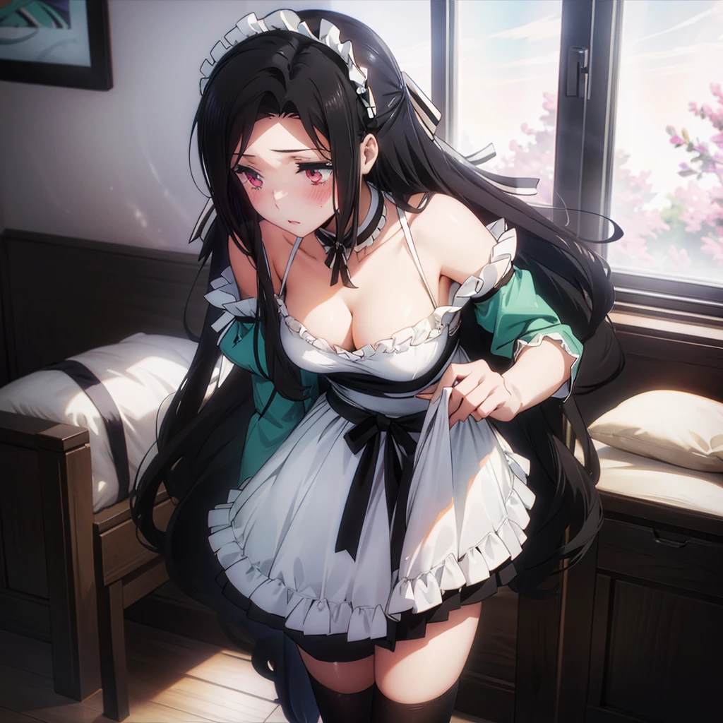 masterpiece, best quality, super fine illustration, an extremely cool and beautiful girl, highly detailed beautiful face and eyes,16 years old, , a girl, (soft saturation), (anime), manga style, light particles,
BREAK,
lewd,embarrassed, blush,
large breasts, five fingers,
BREAK,
thighs,
(skirt lift by self:1.4), leaning forward
BREAK,
maid, maid headdress, maid apron, frilled skirt, off shoulder, strapless, detached sleeves, frilled sleeves, (black sleeves:1.3), cleavage, frilled choker, bare shoulders, collarbone, living,,, parted lips, black(thighhighs),, blonde long hair,braided bangs, aqua eyes,
BREAK,, solid panties, (panties shot:1.2),(thong panties:1.4),(white) panties, focus panties,
BREAK,