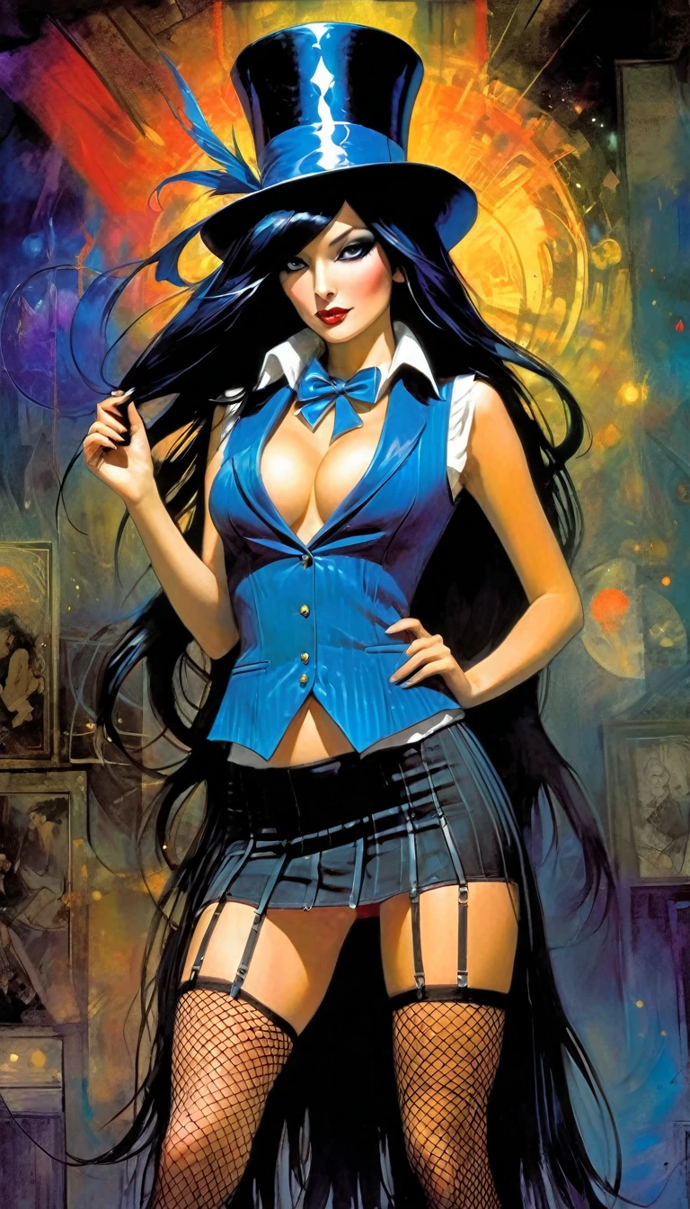 a magician girl with long black hair, wearing a magician hat, elegant and sexy outfit with a vest, miniskirt and fishnet stockings, performing magic, dark and fantastic background, inspired by the art of Bill Sienkiewicz, high quality, ultra-detailed, photorealistic, vivid colors, professional
