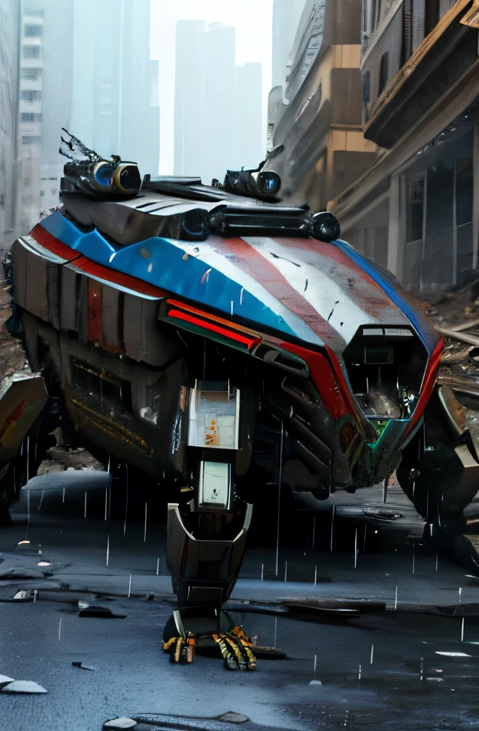4-legged robot with large spider-type cannons in abandoned city and in rain 