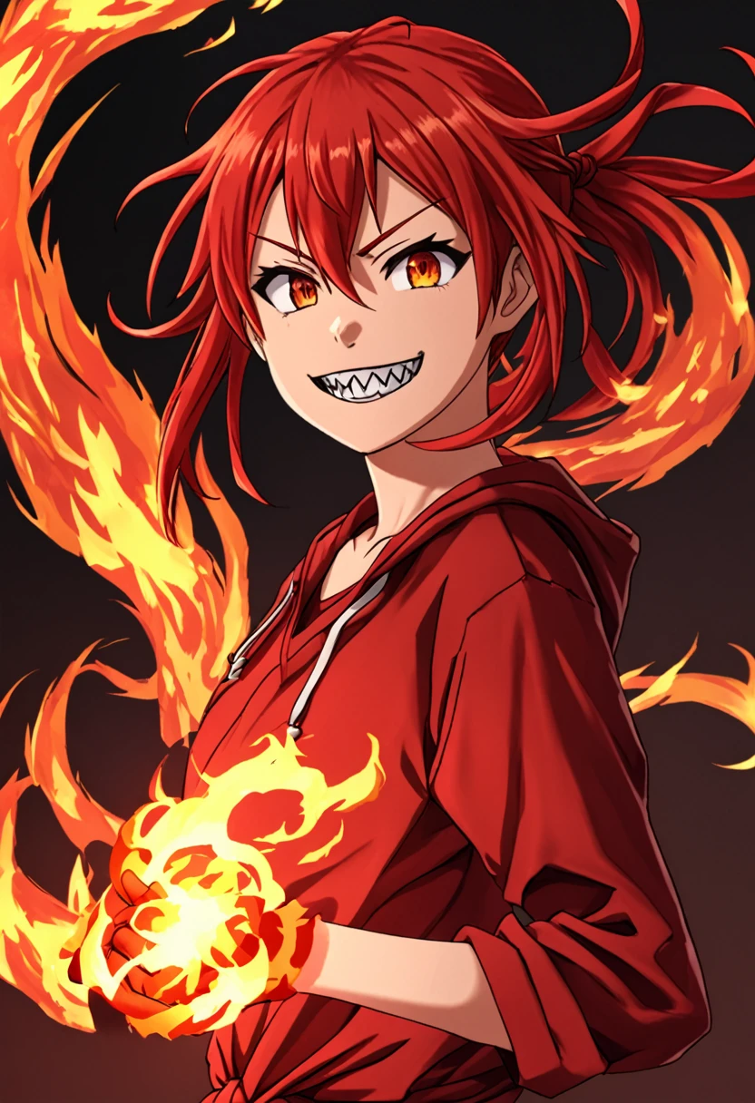 teenage woman, Red hair, long and tied , loose and red clothes, power of fire, smile with sharp teeth