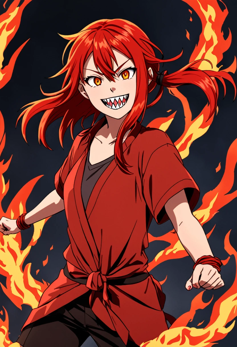 teenage woman, Red hair, long and tied , loose and red clothes, power of fire, smile with sharp teeth